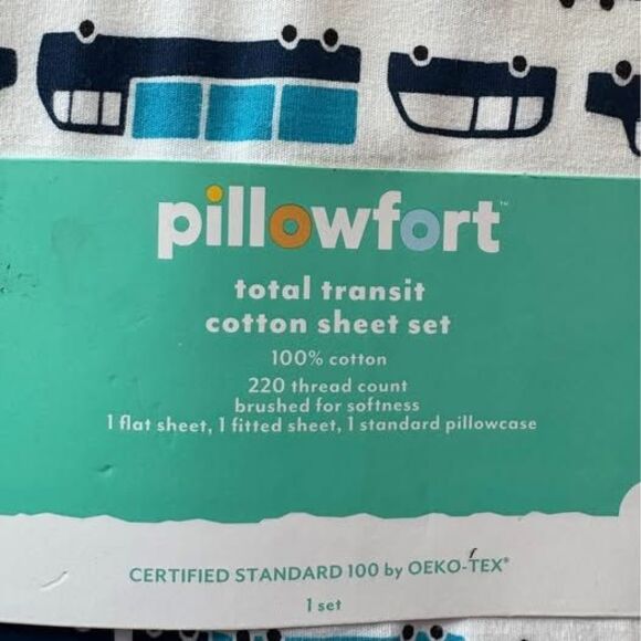 NEW Pillowfort Total Transit Toddler Bed Sheets Car Trucks White Blue Red Cotton - Picture 2 of 3